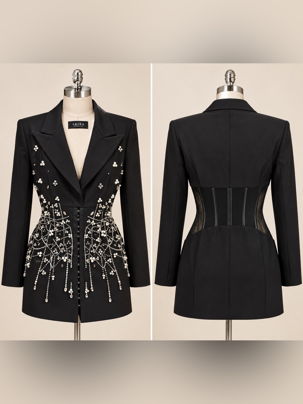 Black Pearl Rhinestone Embellished Blazer Mini Dress Large